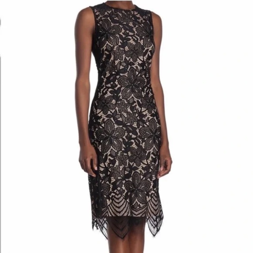 SHARANGO Black and Cream Floral crochet Lace Overlay Dress Size 10